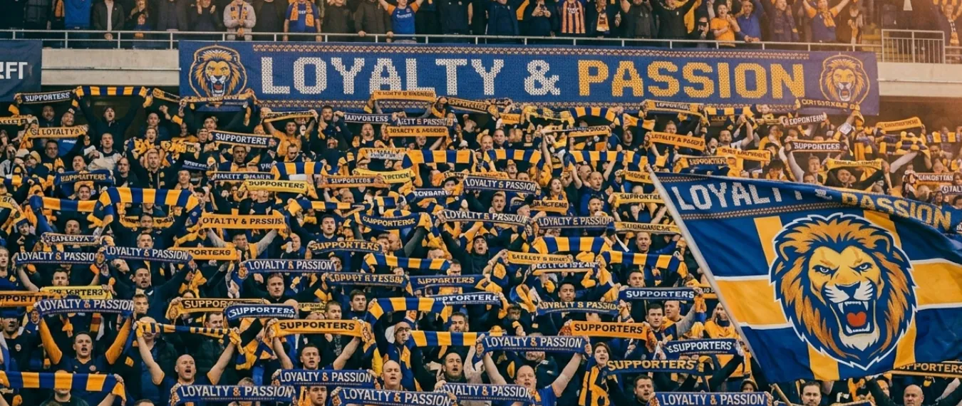 Soccer club fan stands with raised scarves