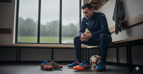 soccer player sitting on bench in locker room looking at a few soccer cleats on the floor