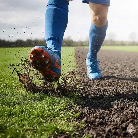 soccer player walking in his cleats on grass and splashing mud as he walks
