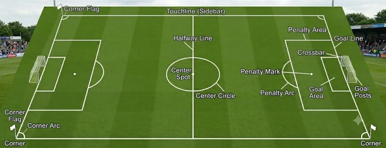 Soccer field structure, line names, and rules