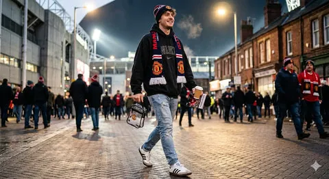 Soccer fan wearing Adidas samba sneakers, oversized hoodie and club scarf